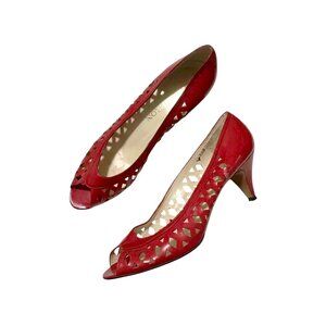 Vintage 1980s Nogueron Cherry Red Cut-Out Leather Pumps Made in Spain